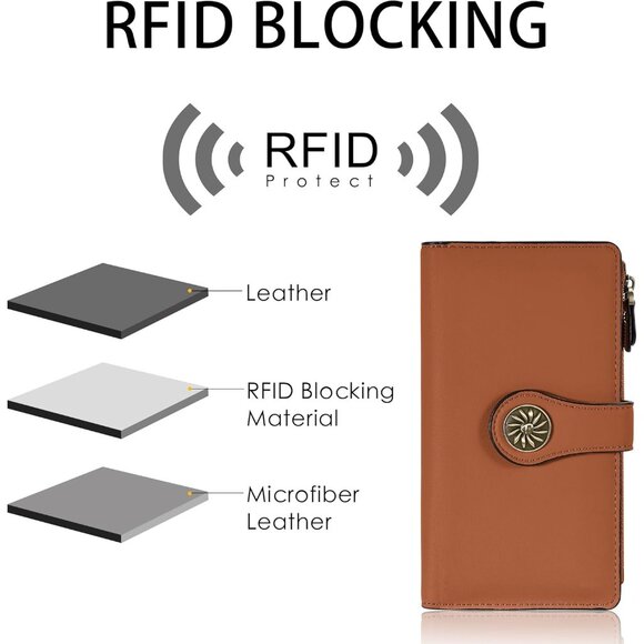 New Luxury Waxed Leather RFID Wallet for Women Large Capacity Clutch - Tan - Picture 6 of 9